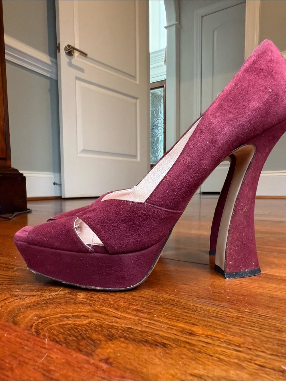 Miu Miu Burgundy Suede Peep-Toe Heels